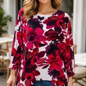 Multiples Women XL Floral Print Elbow Sleeve Faux Button Back Top Red Pink Black